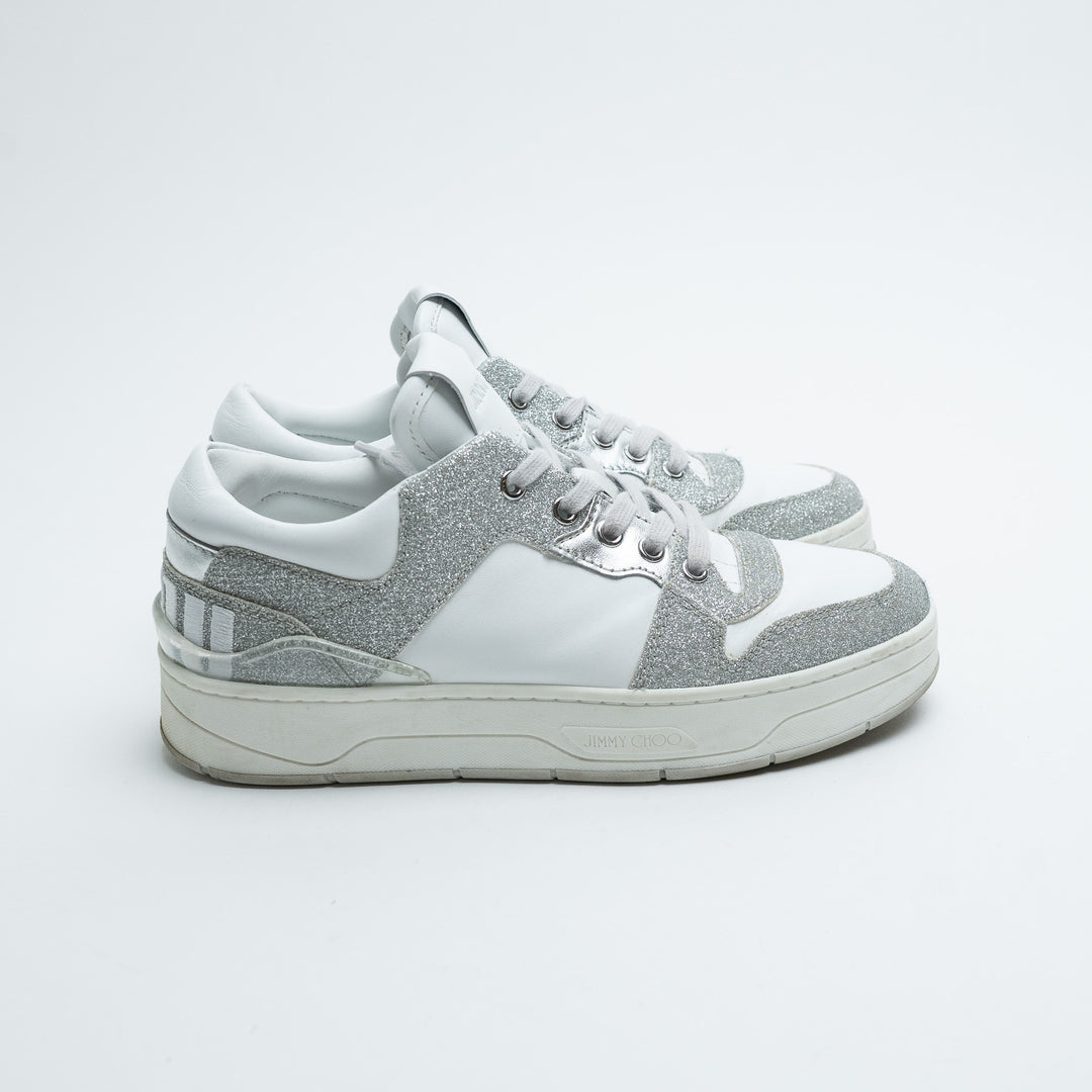 Jimmy Choo White Leather and Silver Glitter Sneakers Size 37