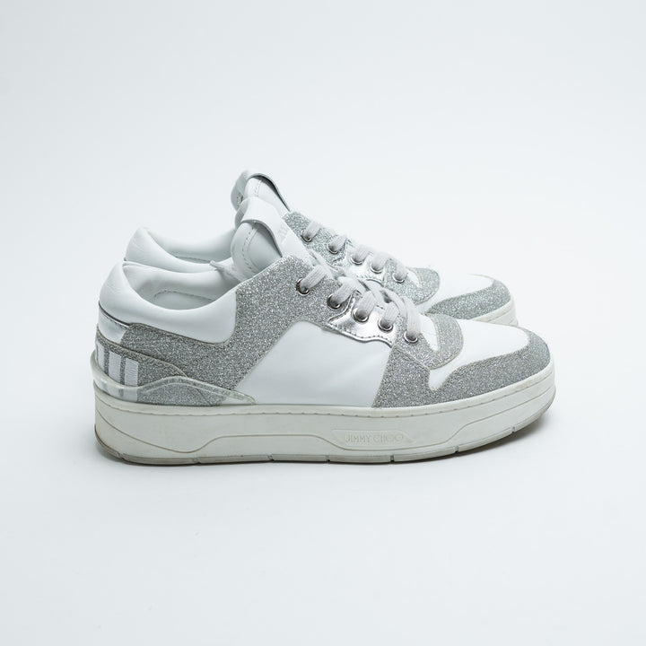 Jimmy Choo White Leather and Silver Glitter Sneakers Size 37