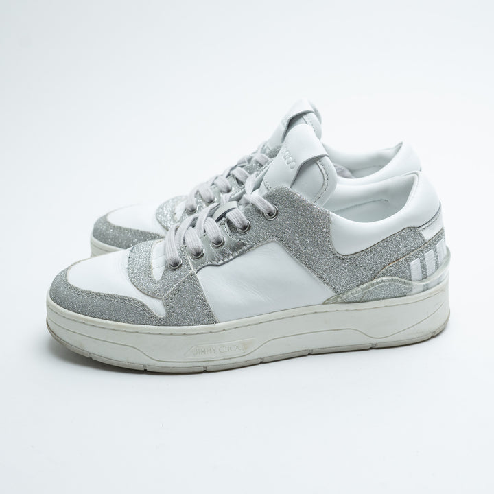 Jimmy Choo White Leather and Silver Glitter Sneakers Size 37