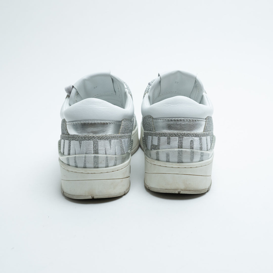 Jimmy Choo White Leather and Silver Glitter Sneakers Size 37