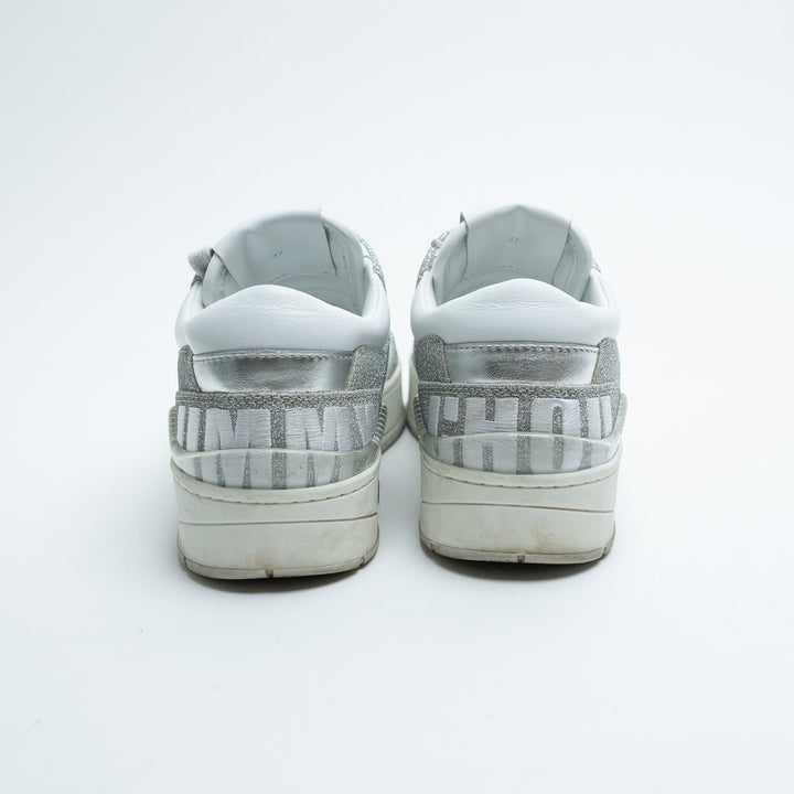 Jimmy Choo White Leather and Silver Glitter Sneakers Size 37