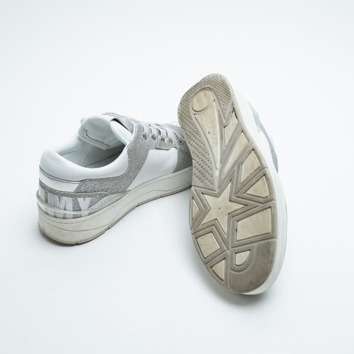 Jimmy Choo White Leather and Silver Glitter Sneakers Size 37