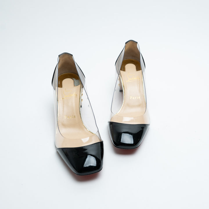 Louboutin Black Patent Leather and PVC Pumps with Embellished Block Heel Size 38