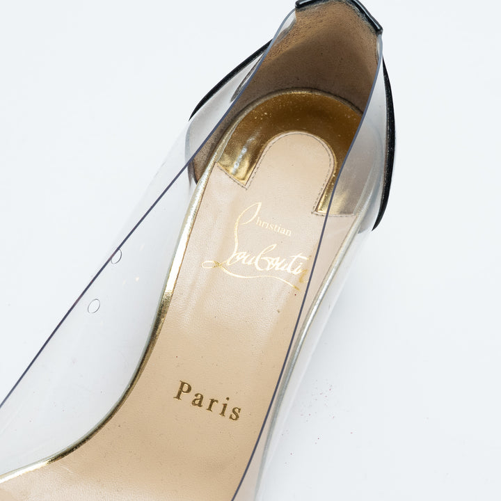 Louboutin Black Patent Leather and PVC Pumps with Embellished Block Heel Size 38