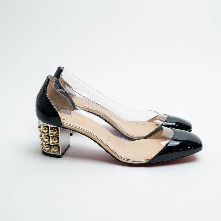Louboutin Black Patent Leather and PVC Pumps with Embellished Block Heel Size 38