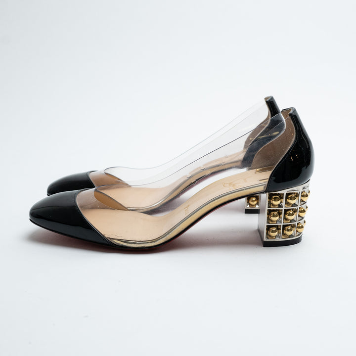 Louboutin Black Patent Leather and PVC Pumps with Embellished Block Heel Size 38