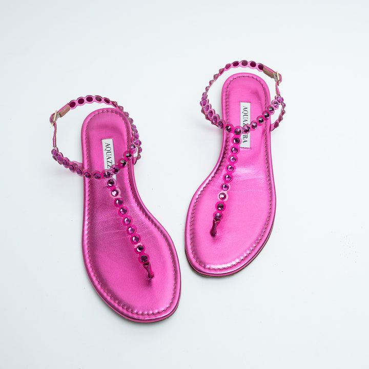 Aquazurra Pink Crystal Embellished T-Strap Sandals Size 38