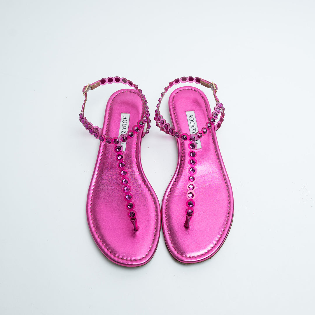 Aquazurra Pink Crystal Embellished T-Strap Sandals Size 38