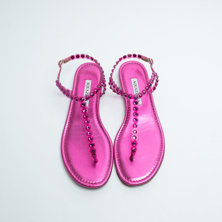 Aquazurra Pink Crystal Embellished T-Strap Sandals Size 38