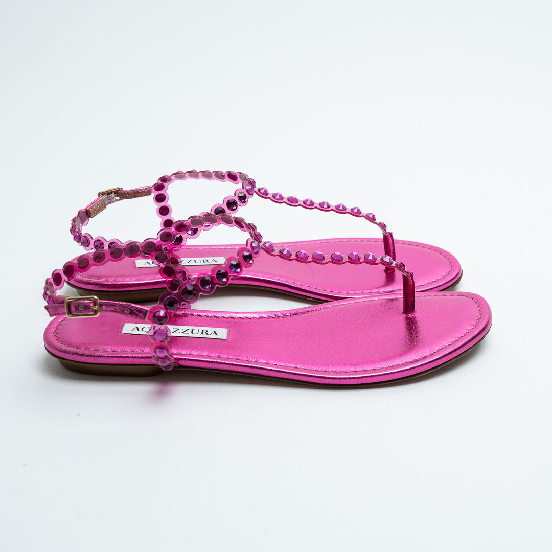 Aquazurra Pink Crystal Embellished T-Strap Sandals Size 38