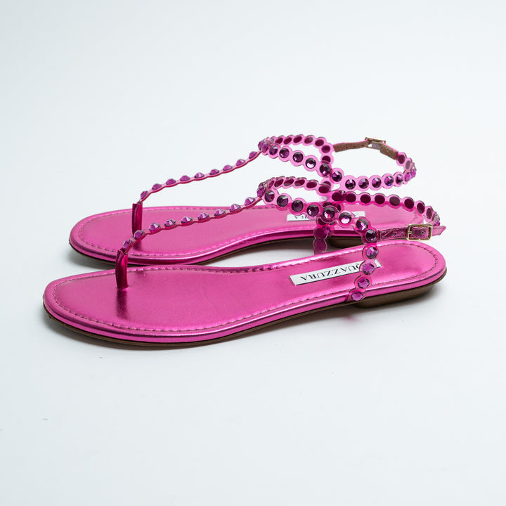 Aquazurra Pink Crystal Embellished T-Strap Sandals Size 38