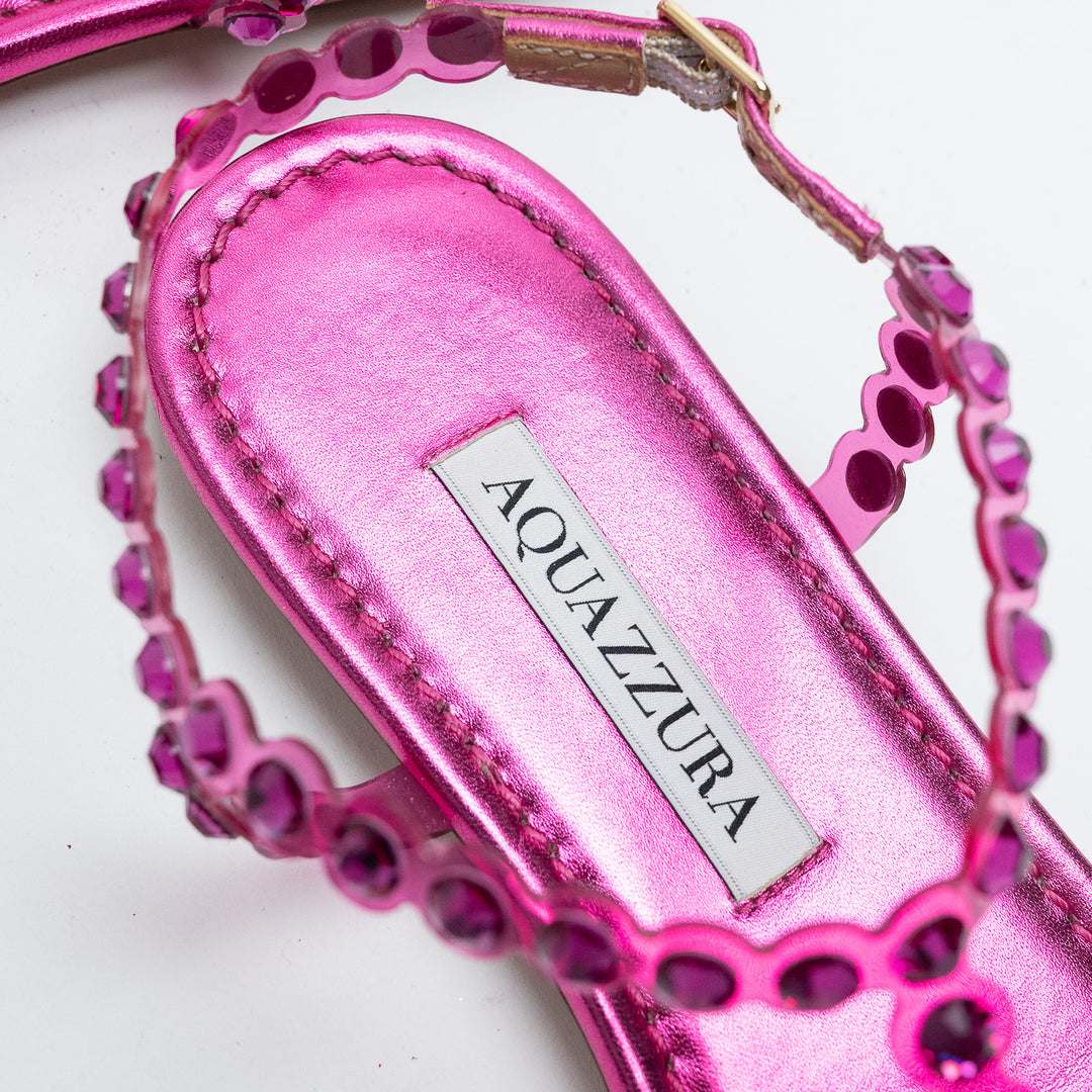 Aquazurra Pink Crystal Embellished T-Strap Sandals Size 38