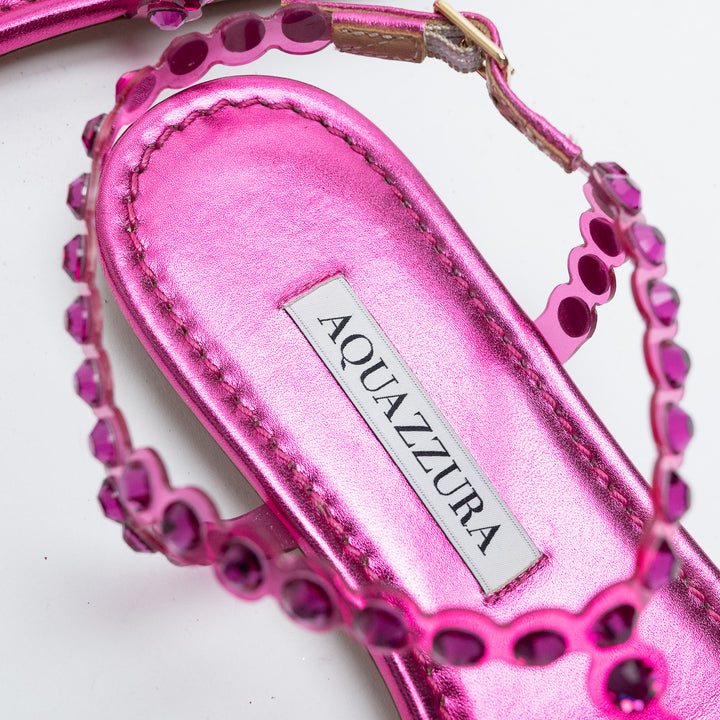Aquazurra Pink Crystal Embellished T-Strap Sandals Size 38