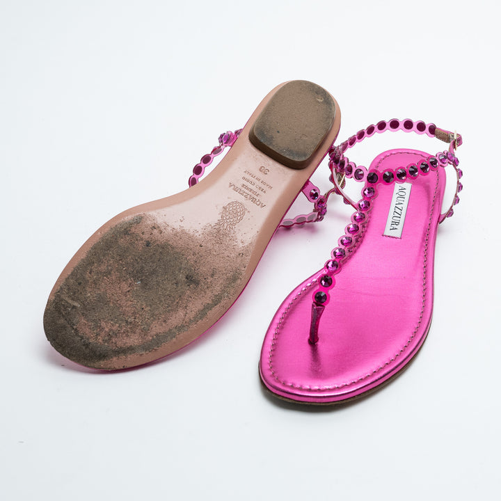 Aquazurra Pink Crystal Embellished T-Strap Sandals Size 38