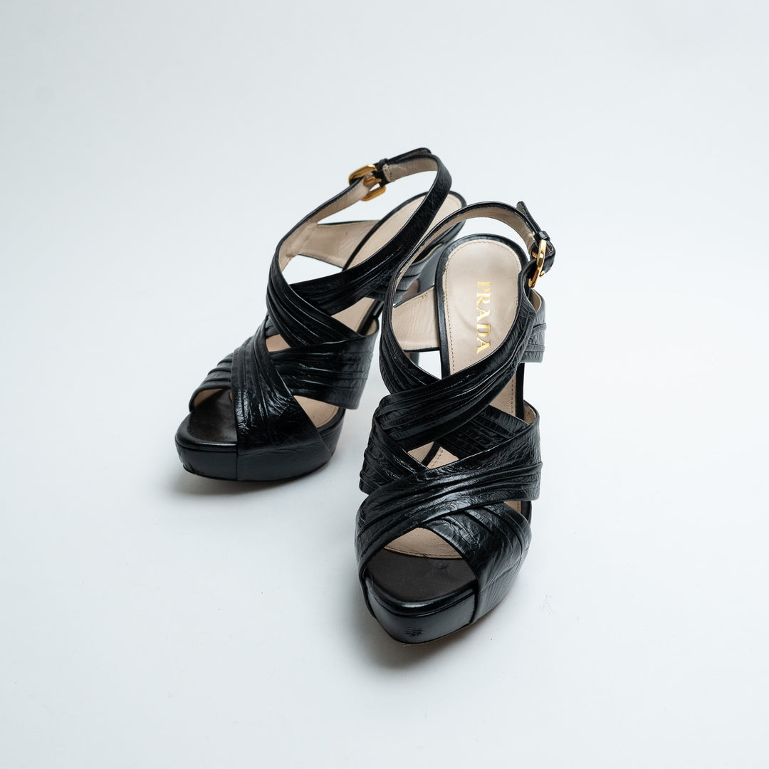 Prada Black Leather Criss Cross Platform Peep Toe Heels Size 38.5