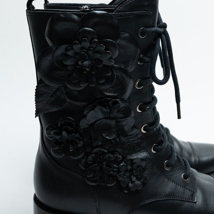 Valentino Black Calf Leather Floral Motif Boots Size 38
