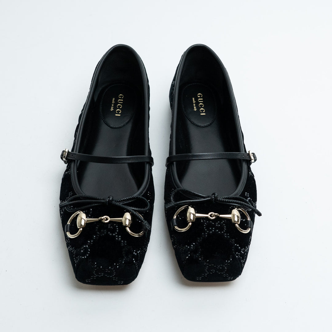 Gucci Black GG Supreme Velvet Horsebit Mary Jane Ballet Flats Size 37.5