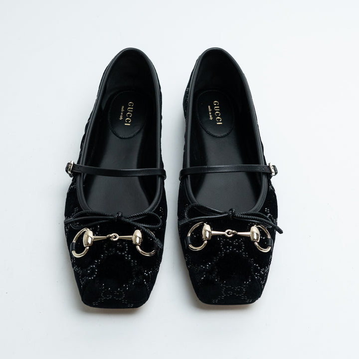Gucci Black GG Supreme Velvet Horsebit Mary Jane Ballet Flats Size 37.5