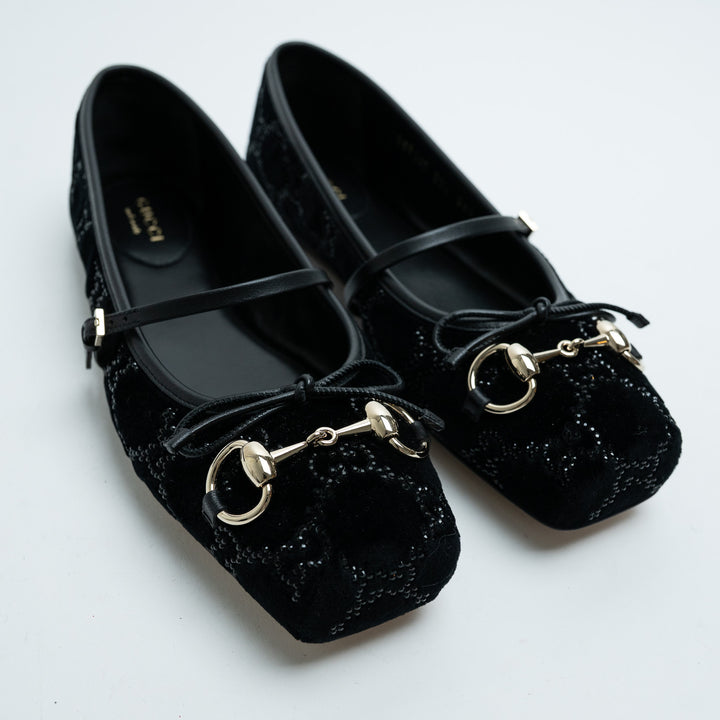 Gucci Black GG Supreme Velvet Horsebit Mary Jane Ballet Flats Size 37.5