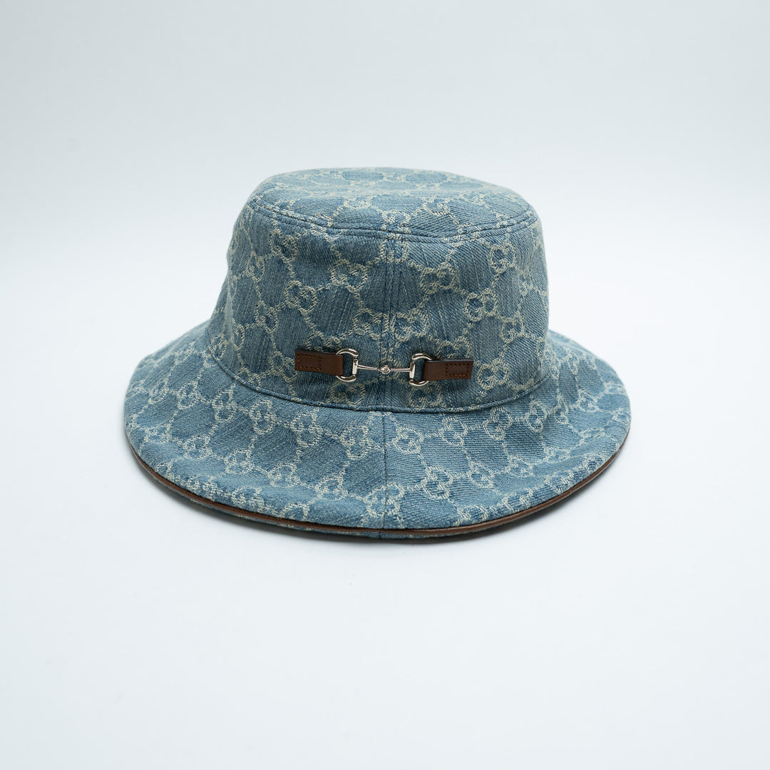 Gucci Blue Denim Monogram Bucket Hat with Horsebit Detail