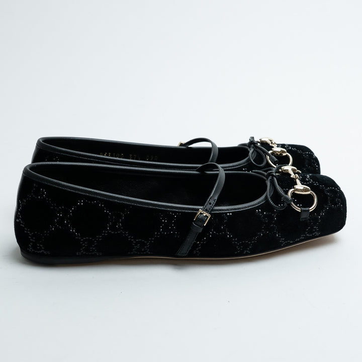 Gucci Black GG Supreme Velvet Horsebit Mary Jane Ballet Flats Size 37.5