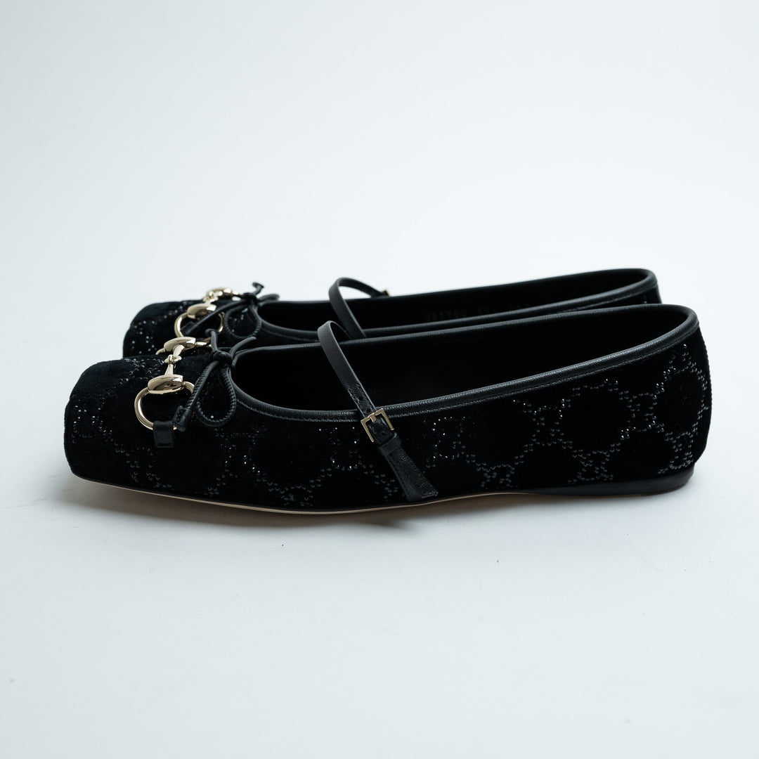Gucci Black GG Supreme Velvet Horsebit Mary Jane Ballet Flats Size 37.5
