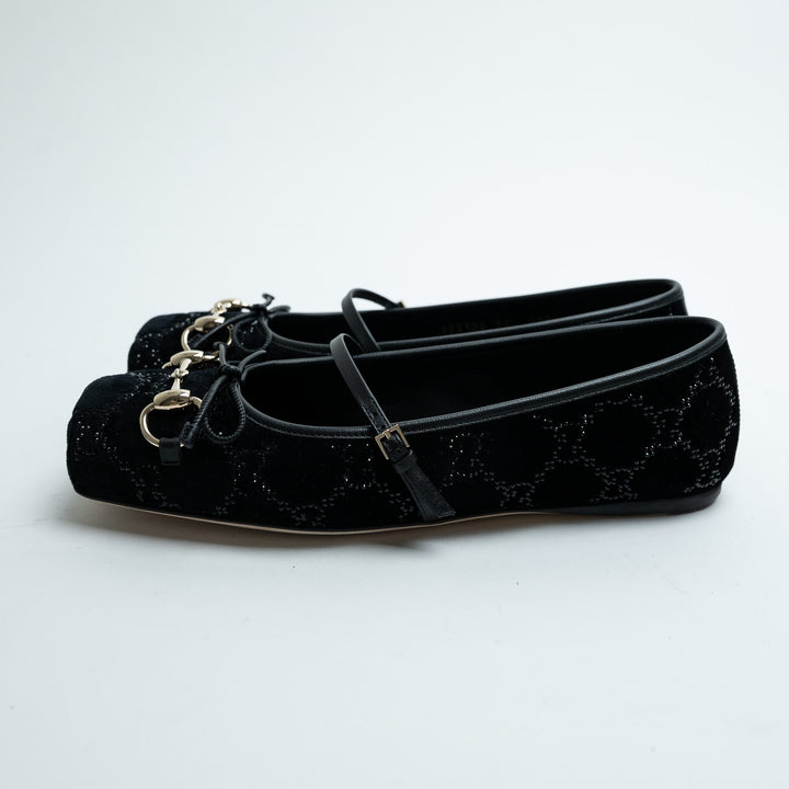 Gucci Black GG Supreme Velvet Horsebit Mary Jane Ballet Flats Size 37.5
