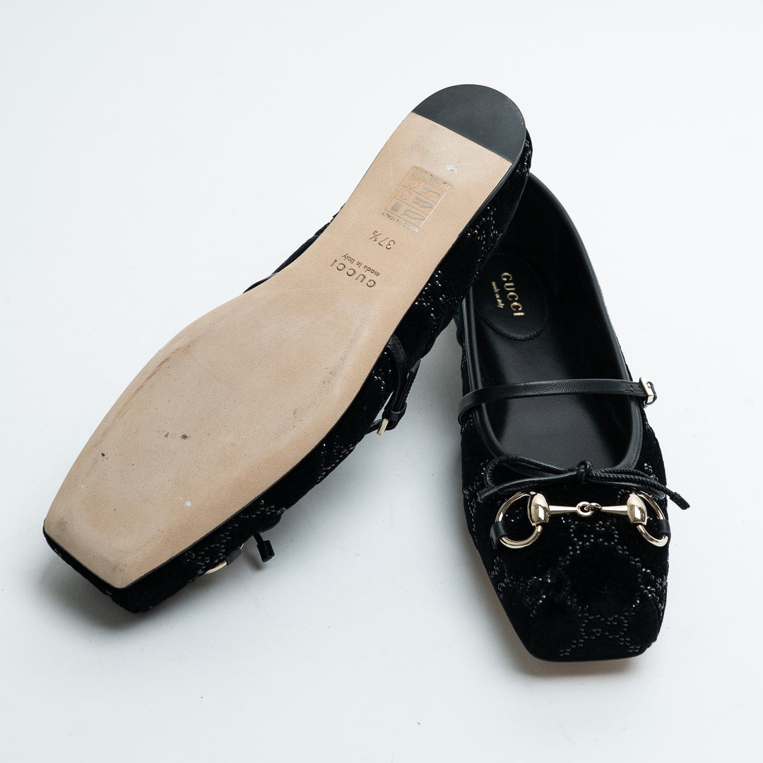 Gucci Black GG Supreme Velvet Horsebit Mary Jane Ballet Flats Size 37.5