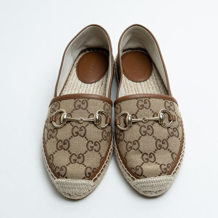 Gucci Monogram Canvas Espadrilles with Leather Trim and Horsebit Detail Size 37