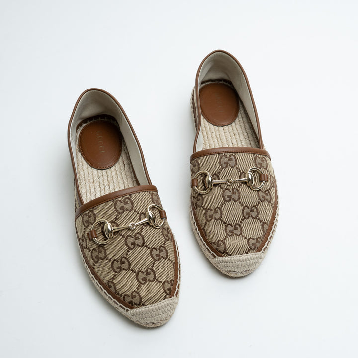 Gucci Monogram Canvas Espadrilles with Leather Trim and Horsebit Detail Size 37