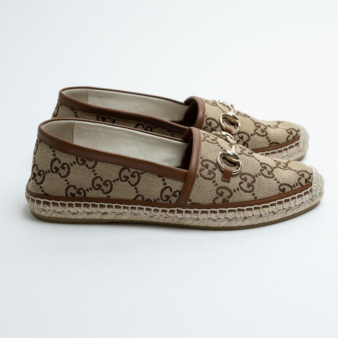 Gucci Monogram Canvas Espadrilles with Leather Trim and Horsebit Detail Size 37