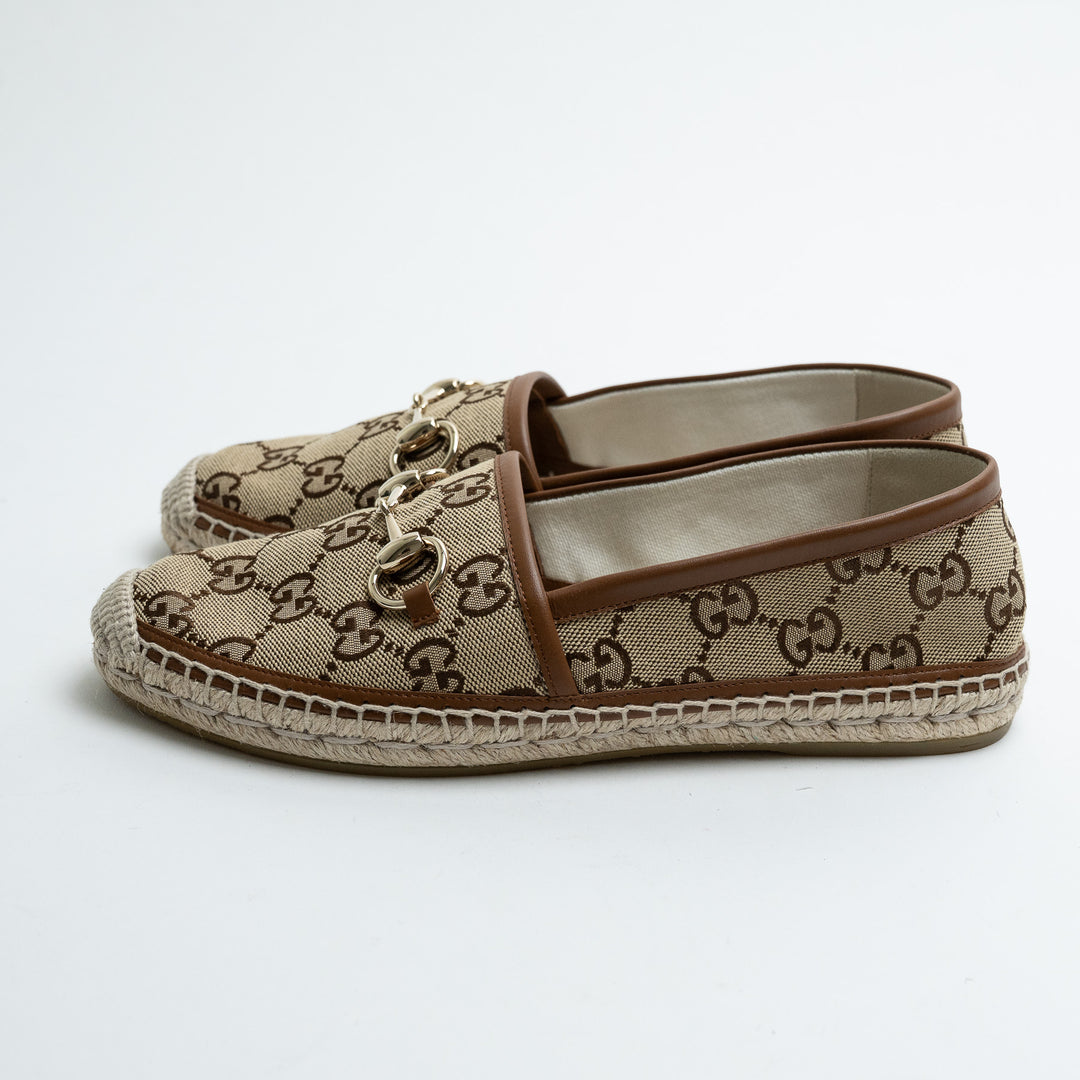 Gucci Monogram Canvas Espadrilles with Leather Trim and Horsebit Detail Size 37