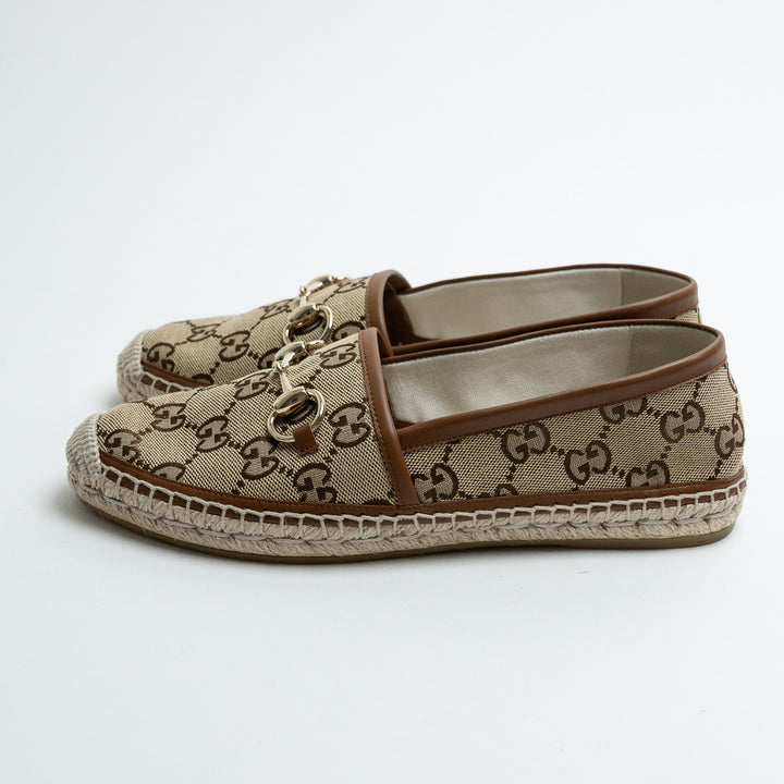 Gucci Monogram Canvas Espadrilles with Leather Trim and Horsebit Detail Size 37