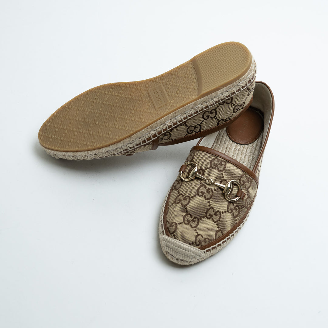 Gucci Monogram Canvas Espadrilles with Leather Trim and Horsebit Detail Size 37