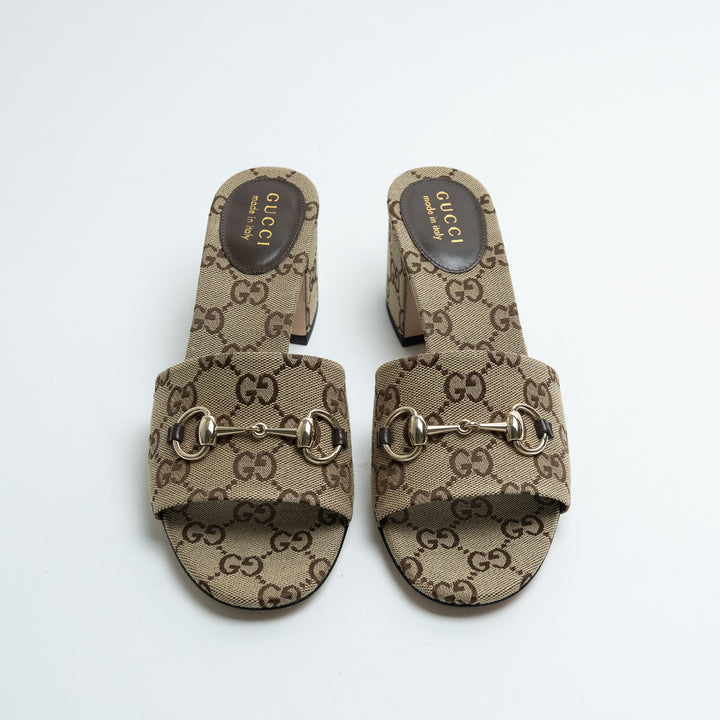 Gucci Saiga Monogram Canvas Block Heel Mule Sandals with Horsebit Size 38.5