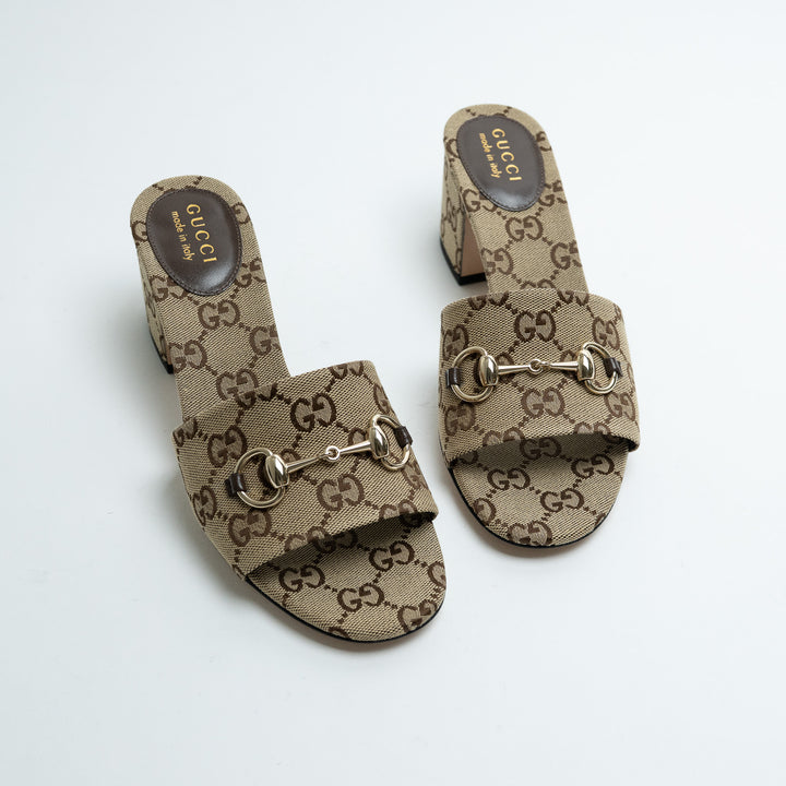 Gucci Saiga Monogram Canvas Block Heel Mule Sandals with Horsebit Size 38.5
