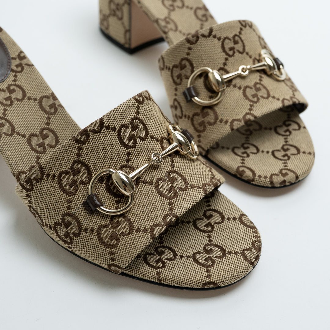 Gucci Saiga Monogram Canvas Block Heel Mule Sandals with Horsebit Size 38.5