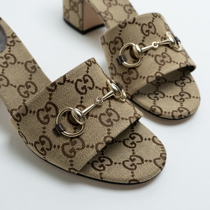 Gucci Saiga Monogram Canvas Block Heel Mule Sandals with Horsebit Size 38.5