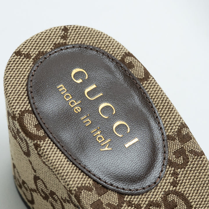 Gucci Saiga Monogram Canvas Block Heel Mule Sandals with Horsebit Size 38.5