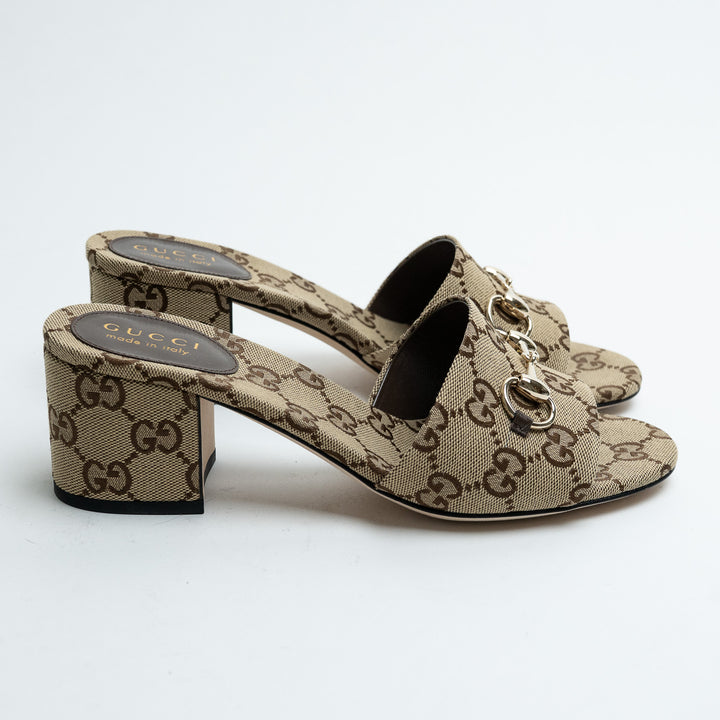 Gucci Saiga Monogram Canvas Block Heel Mule Sandals with Horsebit Size 38.5