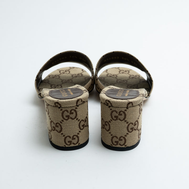 Gucci Saiga Monogram Canvas Block Heel Mule Sandals with Horsebit Size 38.5