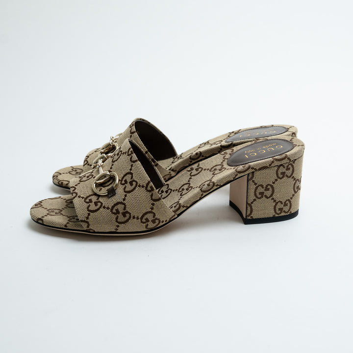 Gucci Saiga Monogram Canvas Block Heel Mule Sandals with Horsebit Size 38.5