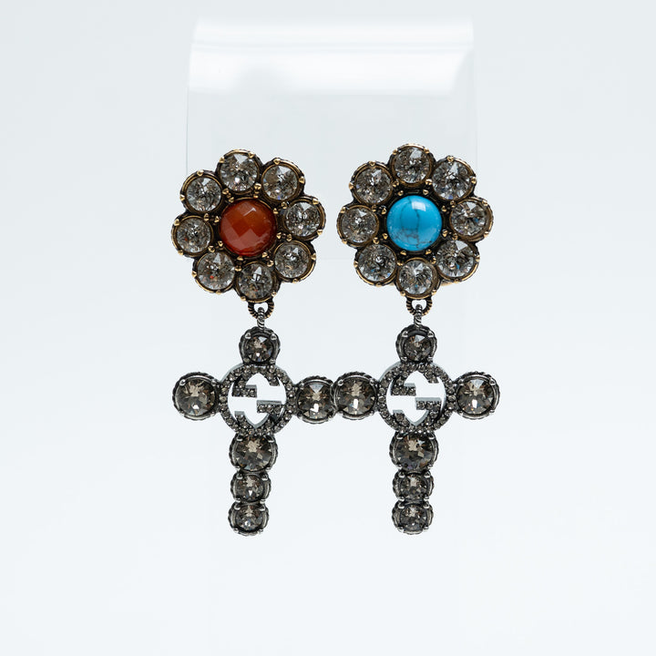 Gucci Gold Tone Crystal Flower & GG Cross Drop Clip-On Earrings
