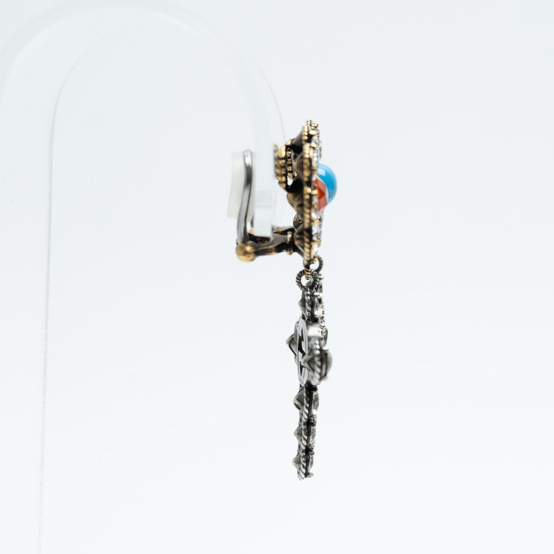 Gucci Gold Tone Crystal Flower & GG Cross Drop Clip-On Earrings