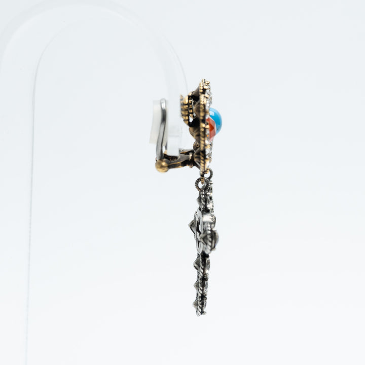 Gucci Gold Tone Crystal Flower & GG Cross Drop Clip-On Earrings