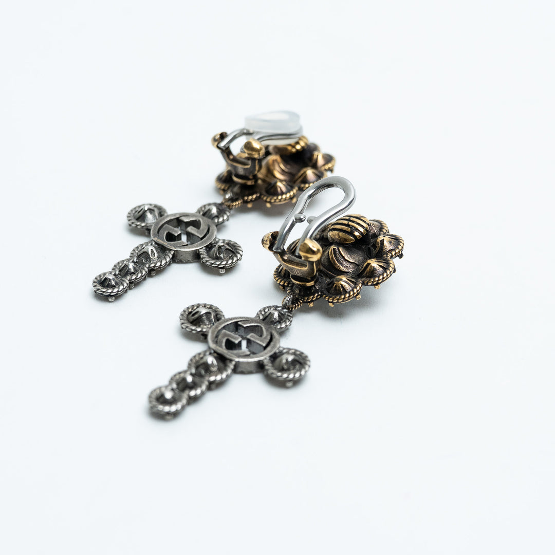 Gucci Gold Tone Crystal Flower & GG Cross Drop Clip-On Earrings