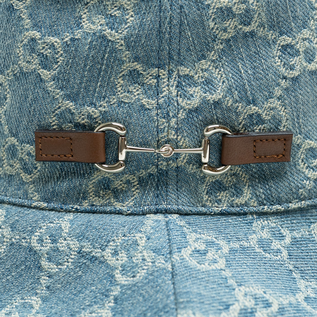 Gucci Blue Denim Monogram Bucket Hat with Horsebit Detail