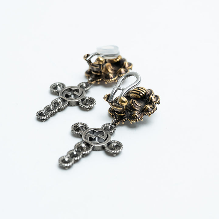 Gucci Gold Tone Crystal Flower & GG Cross Drop Clip-On Earrings