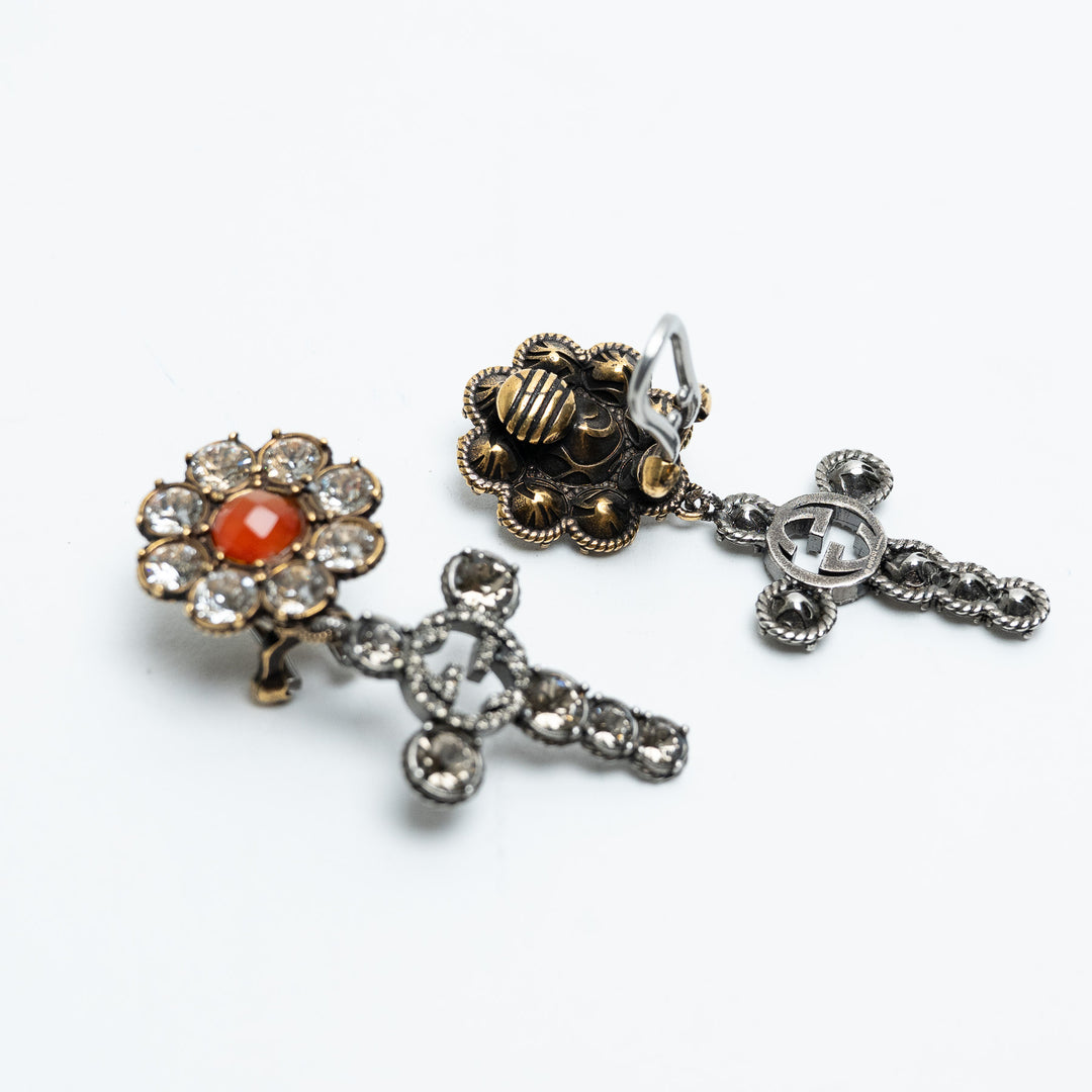 Gucci Gold Tone Crystal Flower & GG Cross Drop Clip-On Earrings