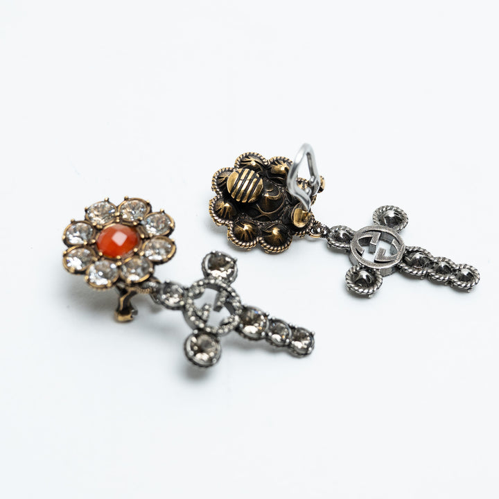 Gucci Gold Tone Crystal Flower & GG Cross Drop Clip-On Earrings